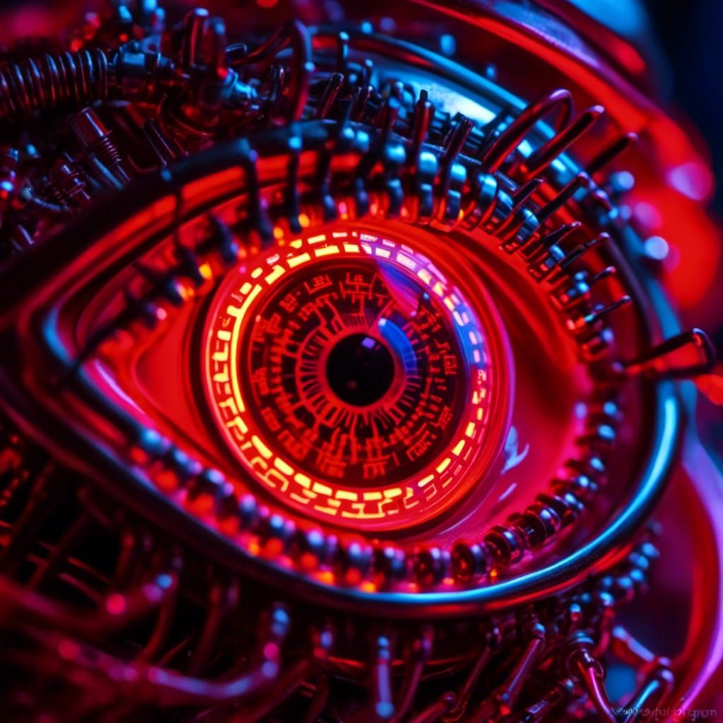 <lora:Neon Machinery:1.0> (extreme macro view:1.2) of (neon red tube light glow cyborg mechanical eye:1.3) 