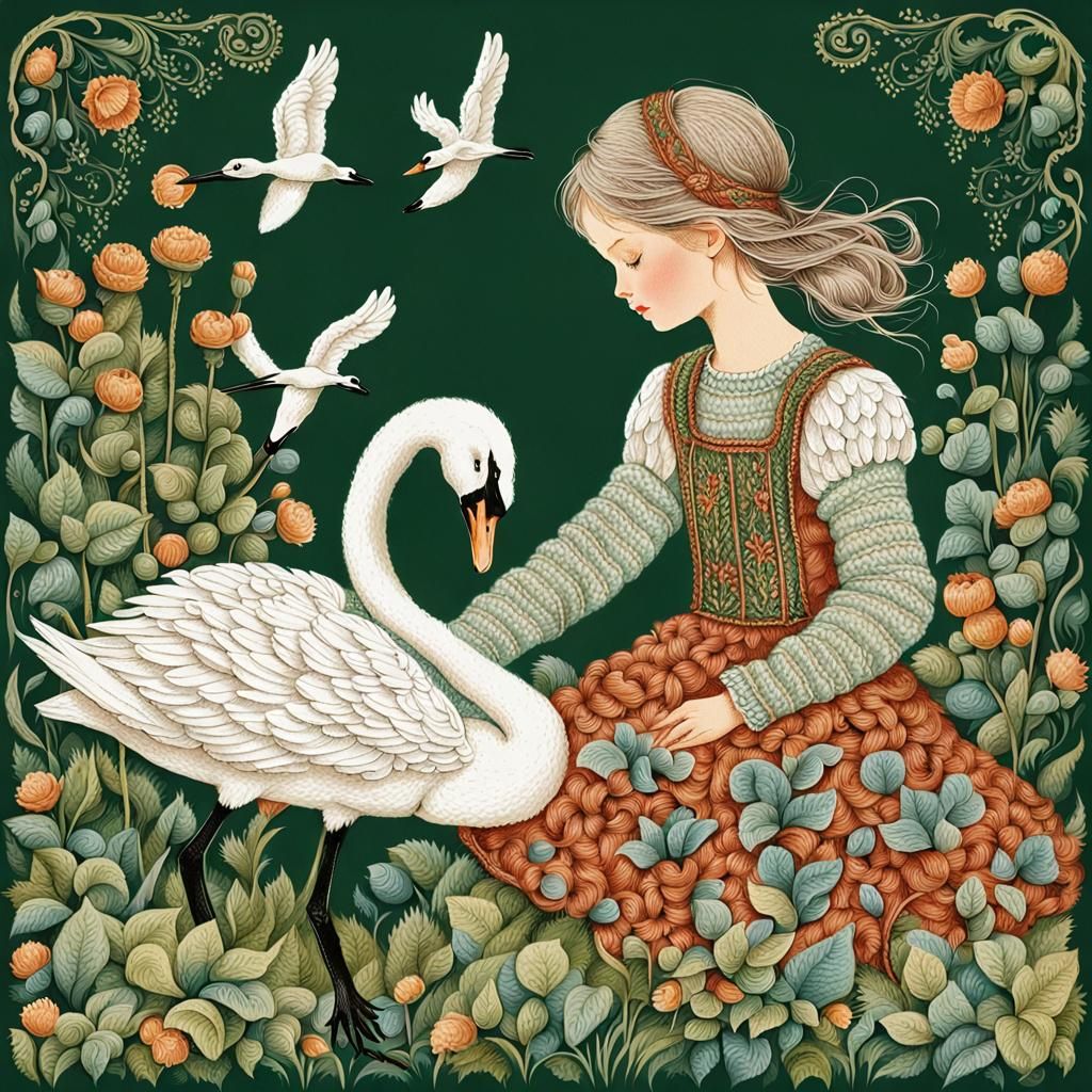 Girl Knitting Nettle Blouse in Fairytale Illustration