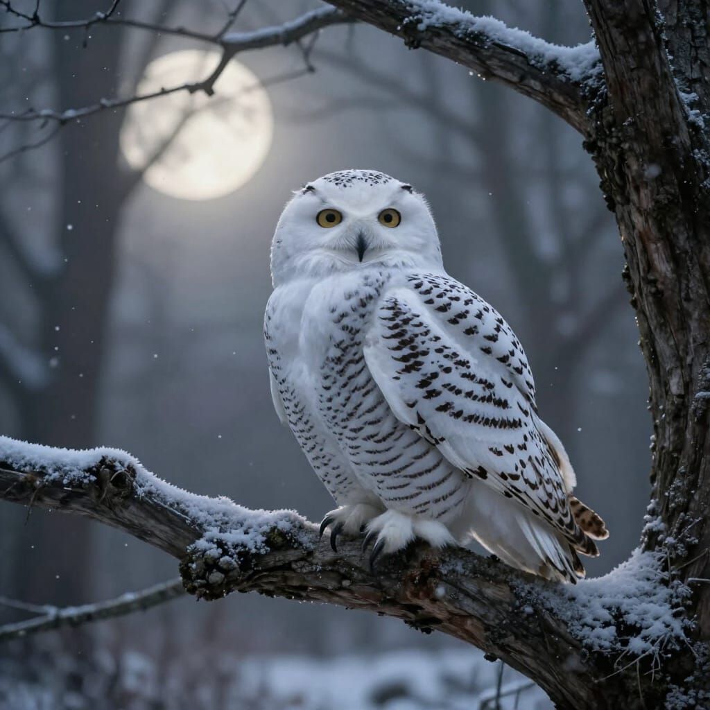 A majestic snowy owl perched on a gnarled, ancient oak branch, its feathers intricately detailed with ...  by @Sergio777