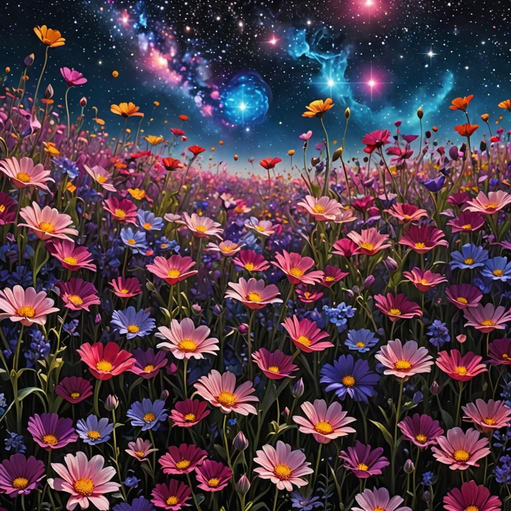 Create an image of a field of flowers in full bloom, each pe...