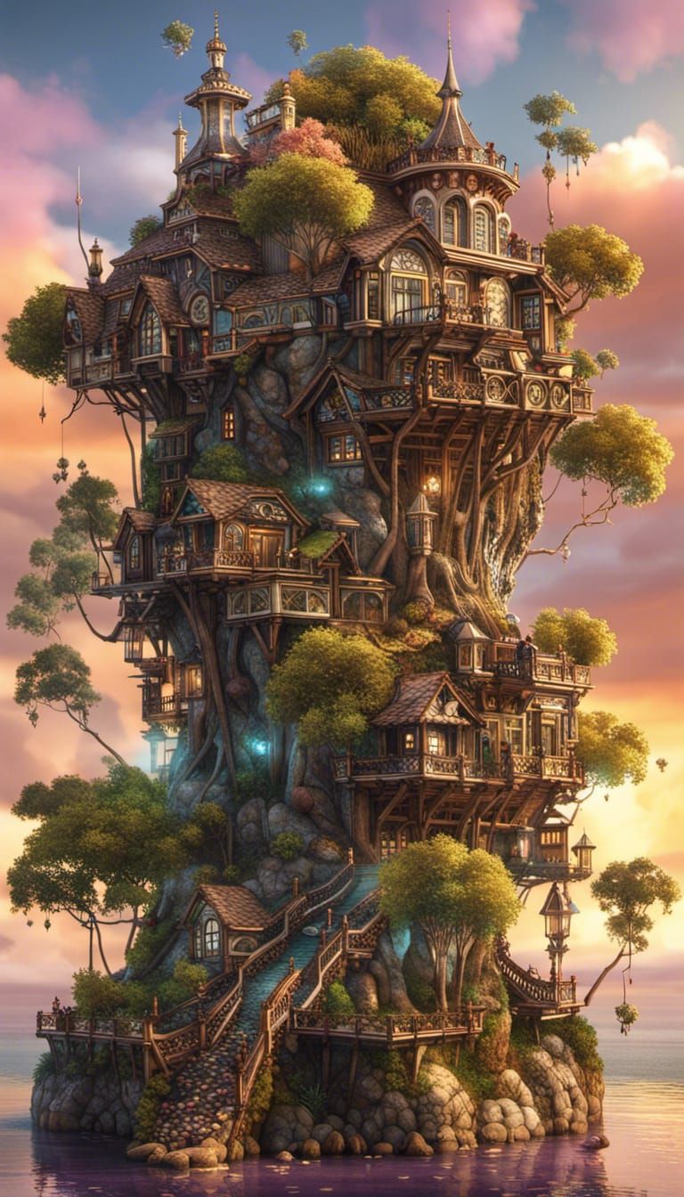 Steampunk silver filigree elven treehouse, lush jungle, hidden elves ...