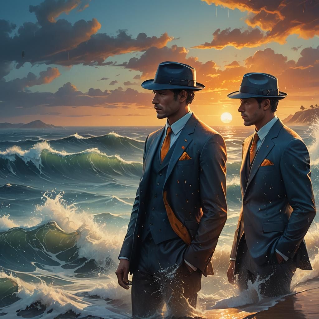 Two Men in Suits Gazing at a Stormy Sea