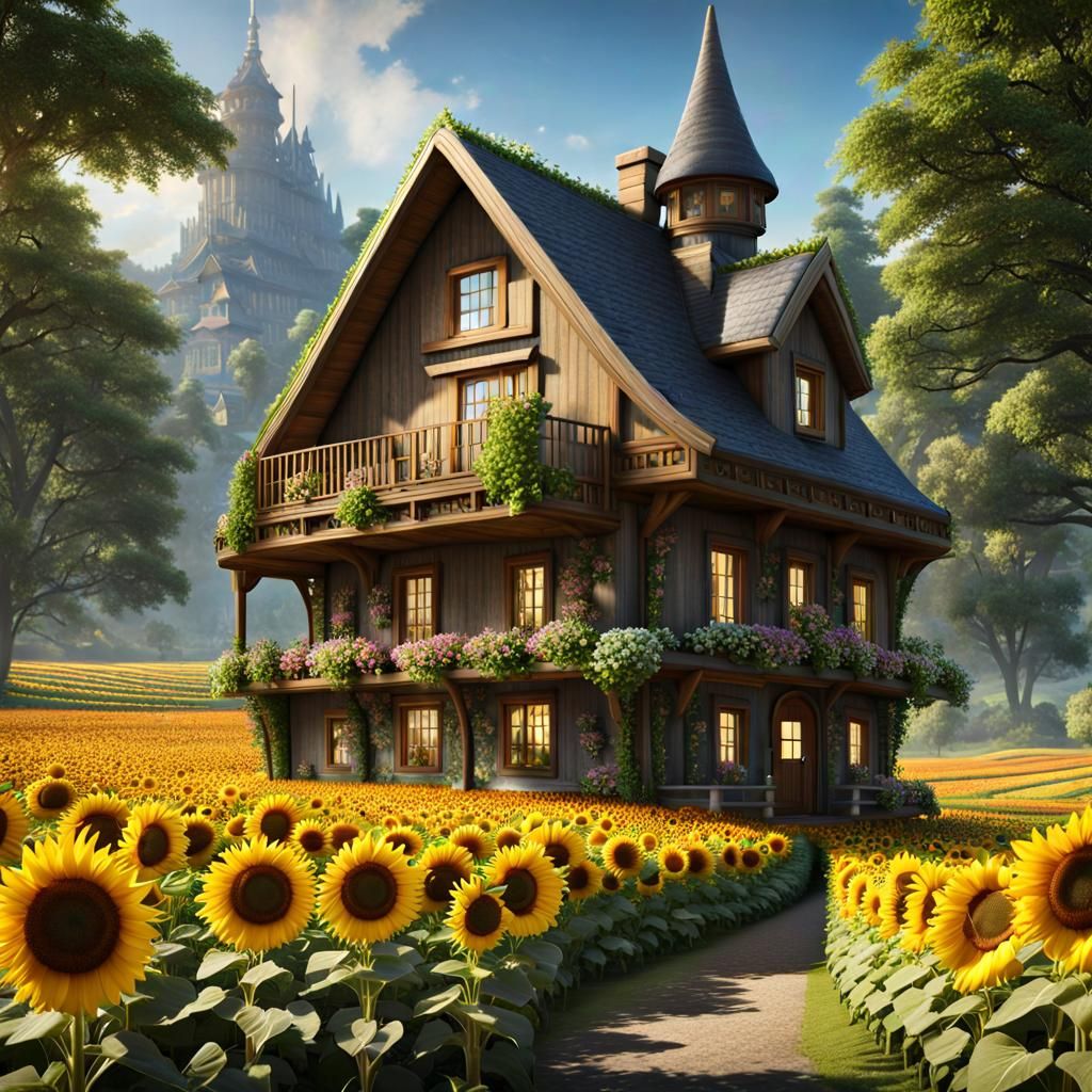 A picturesque house in the sunflower field
