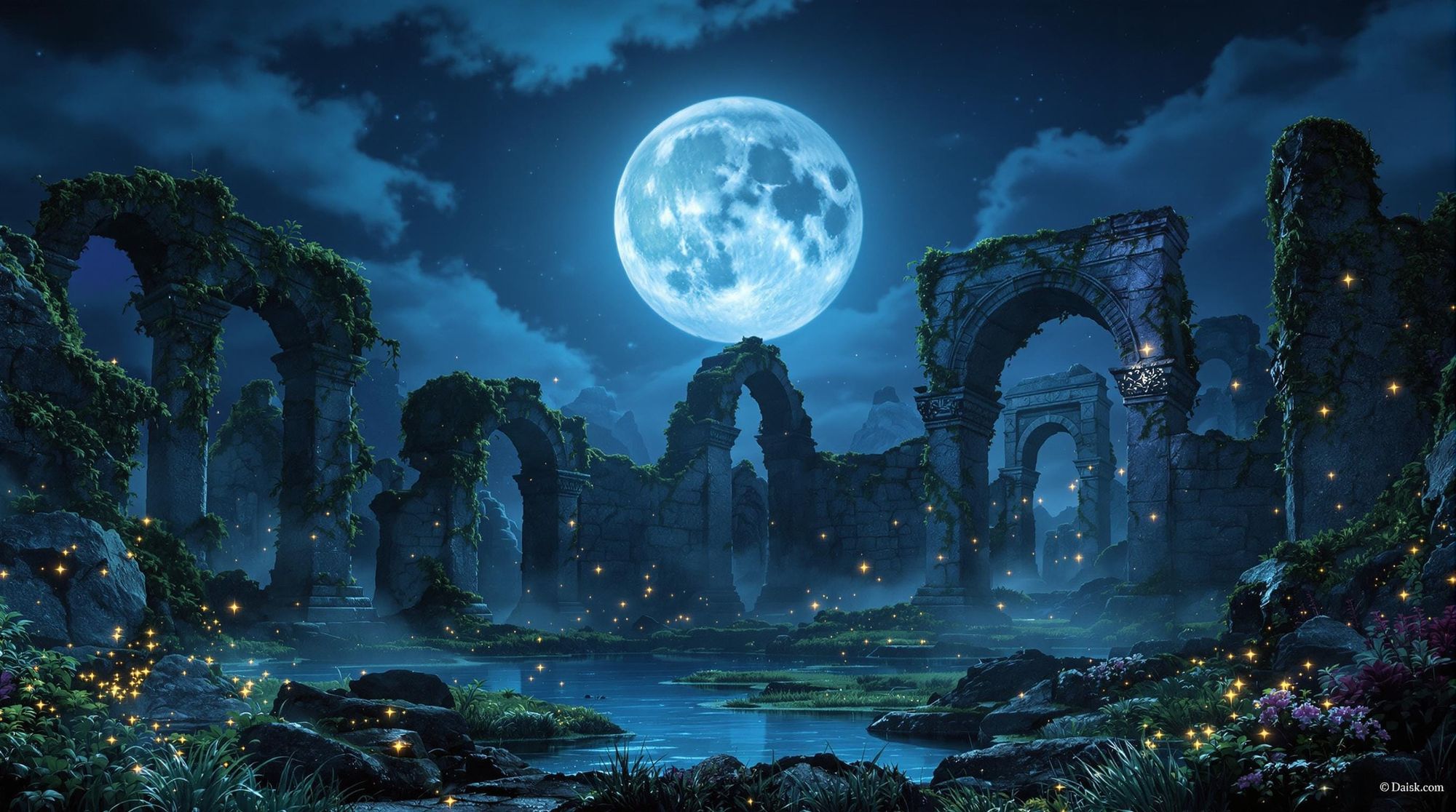 Full moon over silent ruins with dancing fireflies