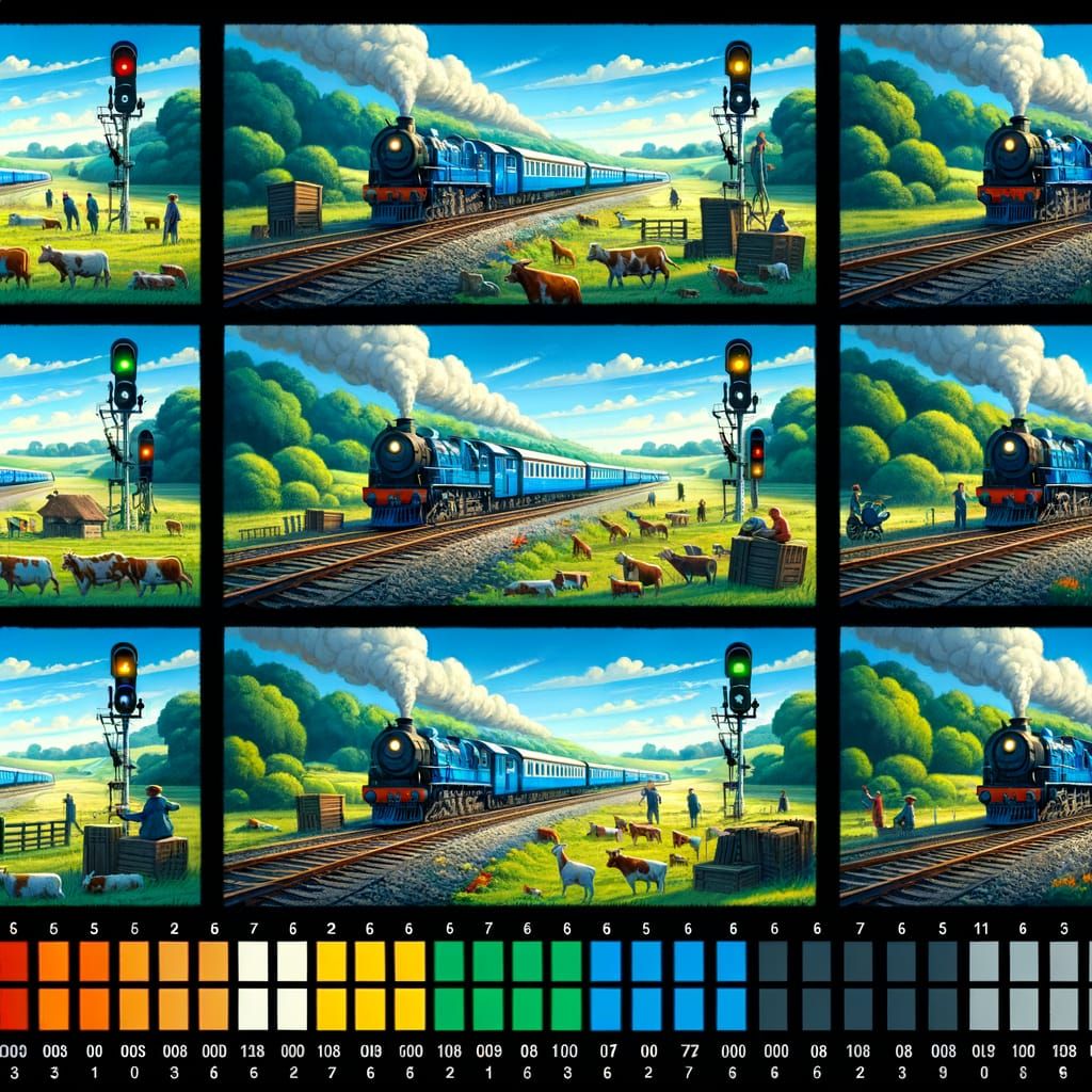 Image with a black background. Please make each frame the same size and put a thick white border at regular intervals to separate them.  
On...