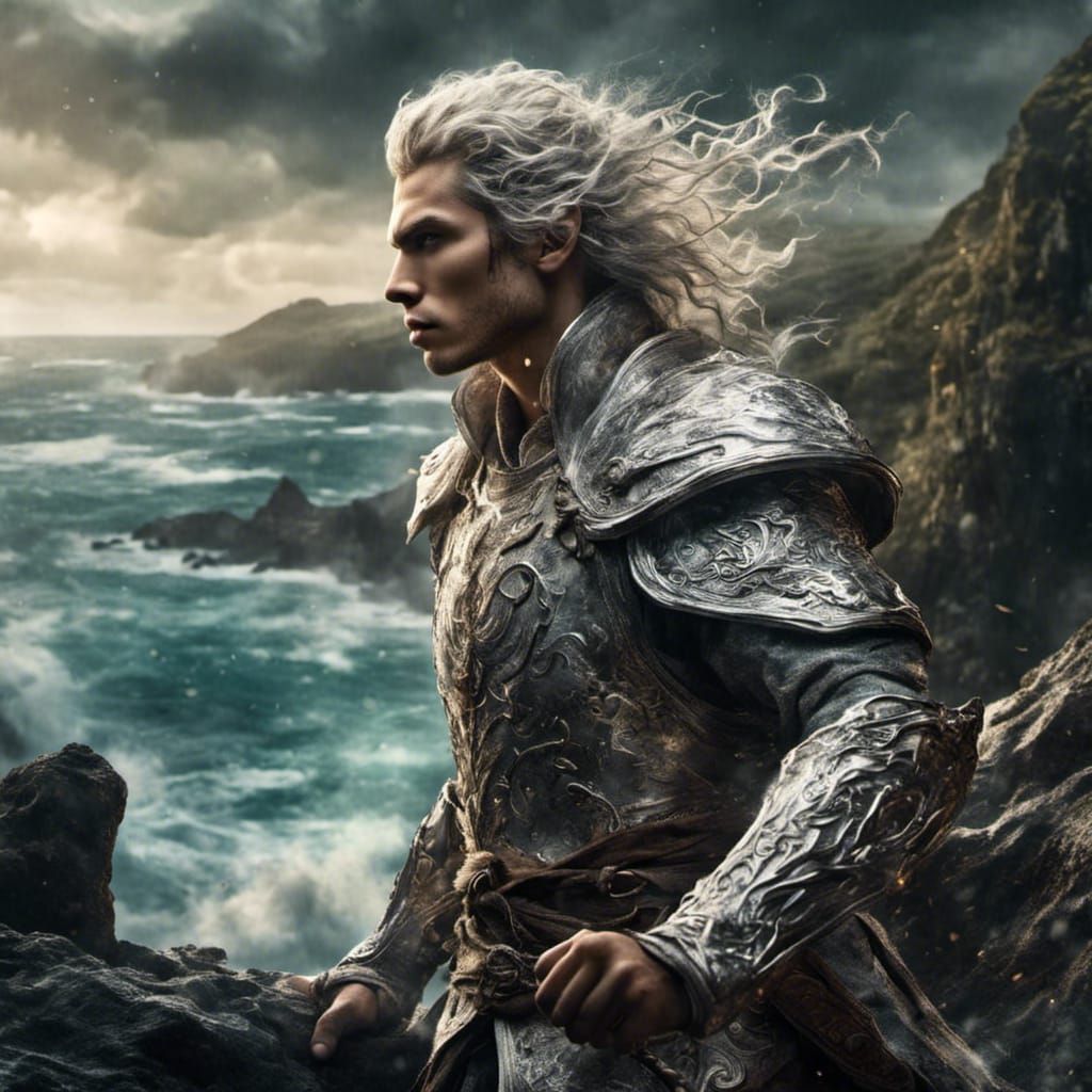 <lora:Mnemcore:1.0> An male noble elf with Long White Hair in His silver Armour Standing in the Cliff of an Island looking at the sea while Holding shield and spear