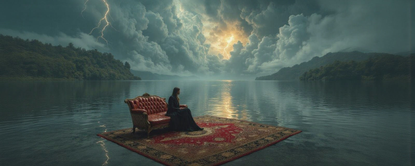 Woman on Floating Rug with Water Tornadoes