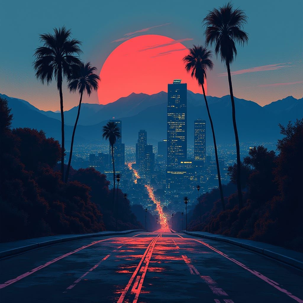 Ethereal Cityscape at Dusk in Traditional Art Style