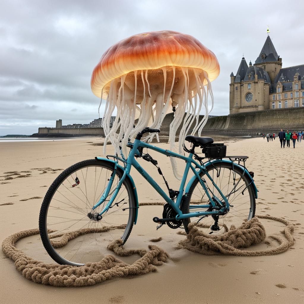 a large jellyfish pedals its bike on a beach in Saint Malo