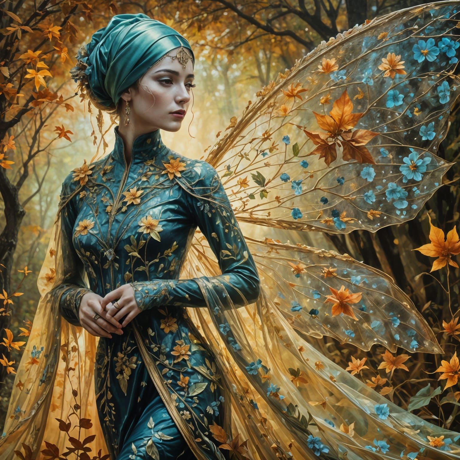 Realistic Fairy in Autumn Landscape with Luminous Portal