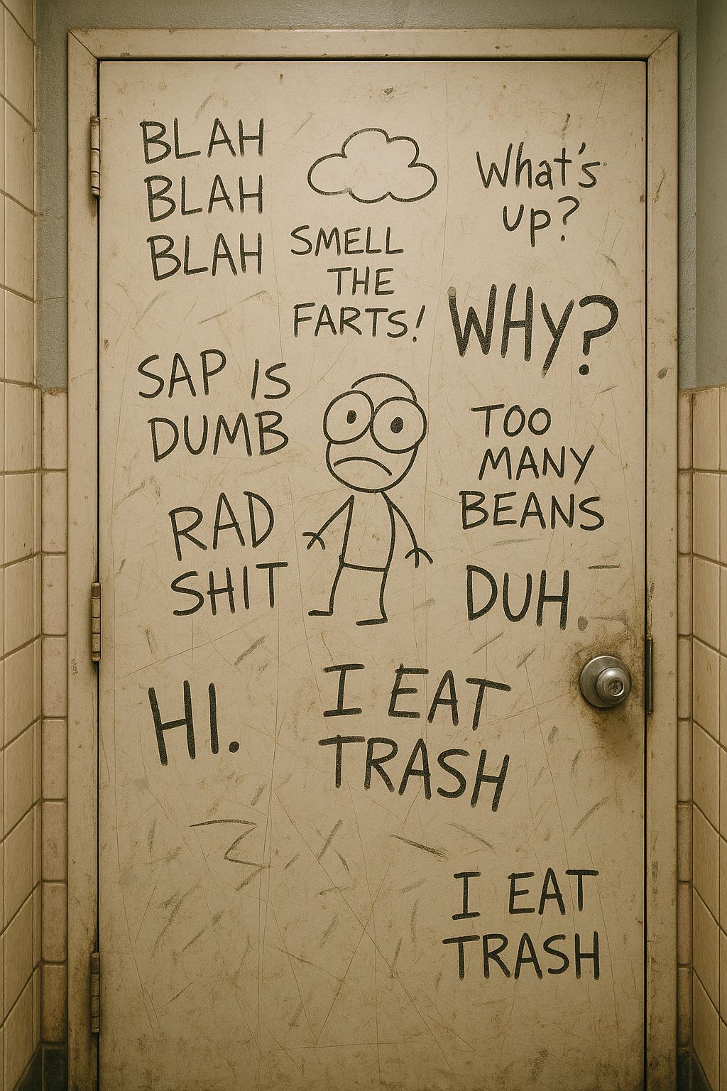 Vandalized Bathroom Door with Graffiti
