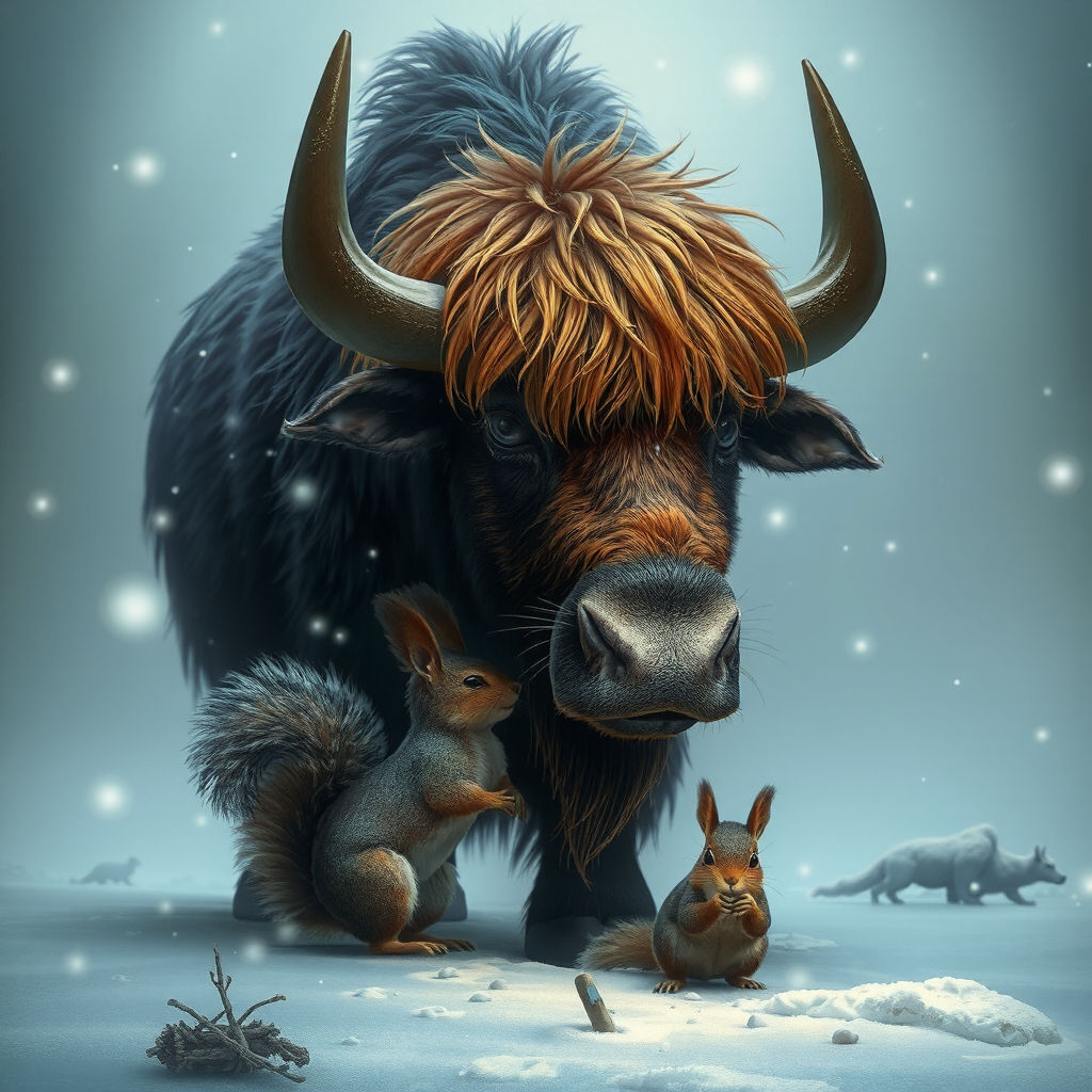 A big Yak and a baby Squirrels