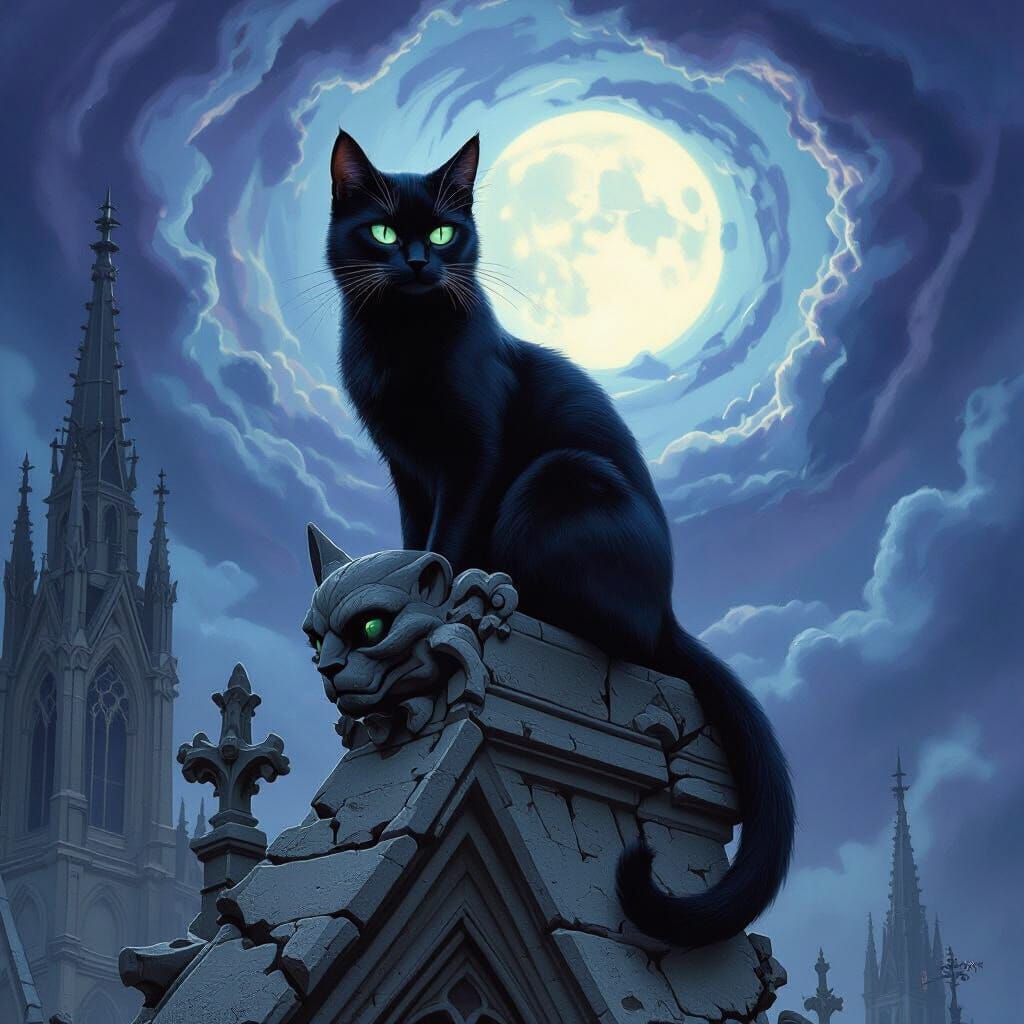 A sleek, obsidian cat with eyes like emeralds perches on a crumbling gargoyle atop a gothic cathedral. The night sky is a swirling vortex of...