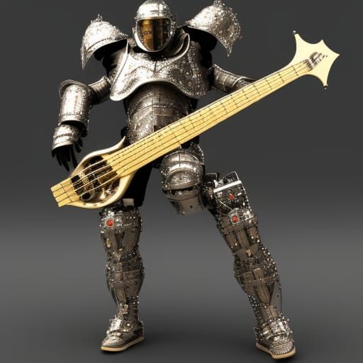Jazz musician wearing metal armour dramatically playing gittler