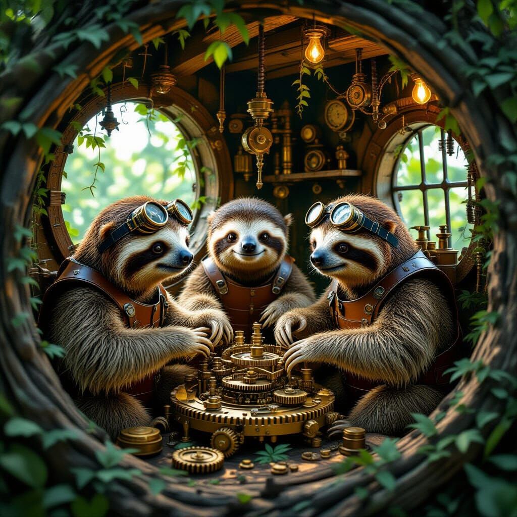 A team of steampunk-inspired sloths, wearing goggles and a tiny leather vest, meticulously tinkers with ...  by @Cheryl Muirson