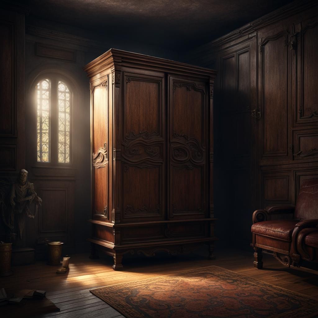 Wooden wardrobe at the back of a dark dusty room. There is l...