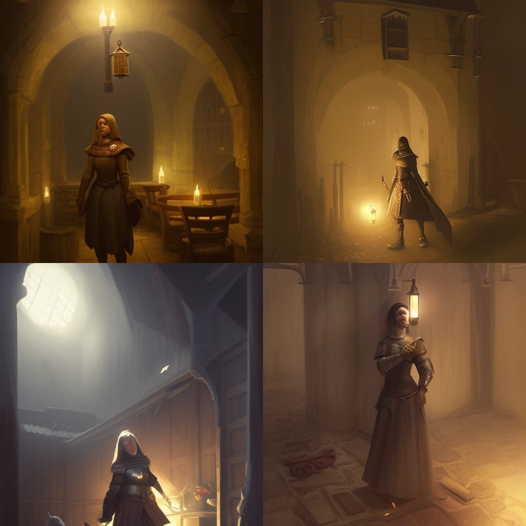 A young knight stands in half plate against a wall of a medieval tavern, the lantern above hides most of her features