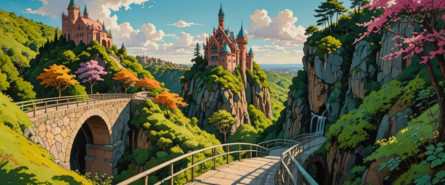 a bridge built in the style of antoni gaudi, frank lloyd wright, gustave eiffel, stone stairways leading to the top, iron staircases and spi...