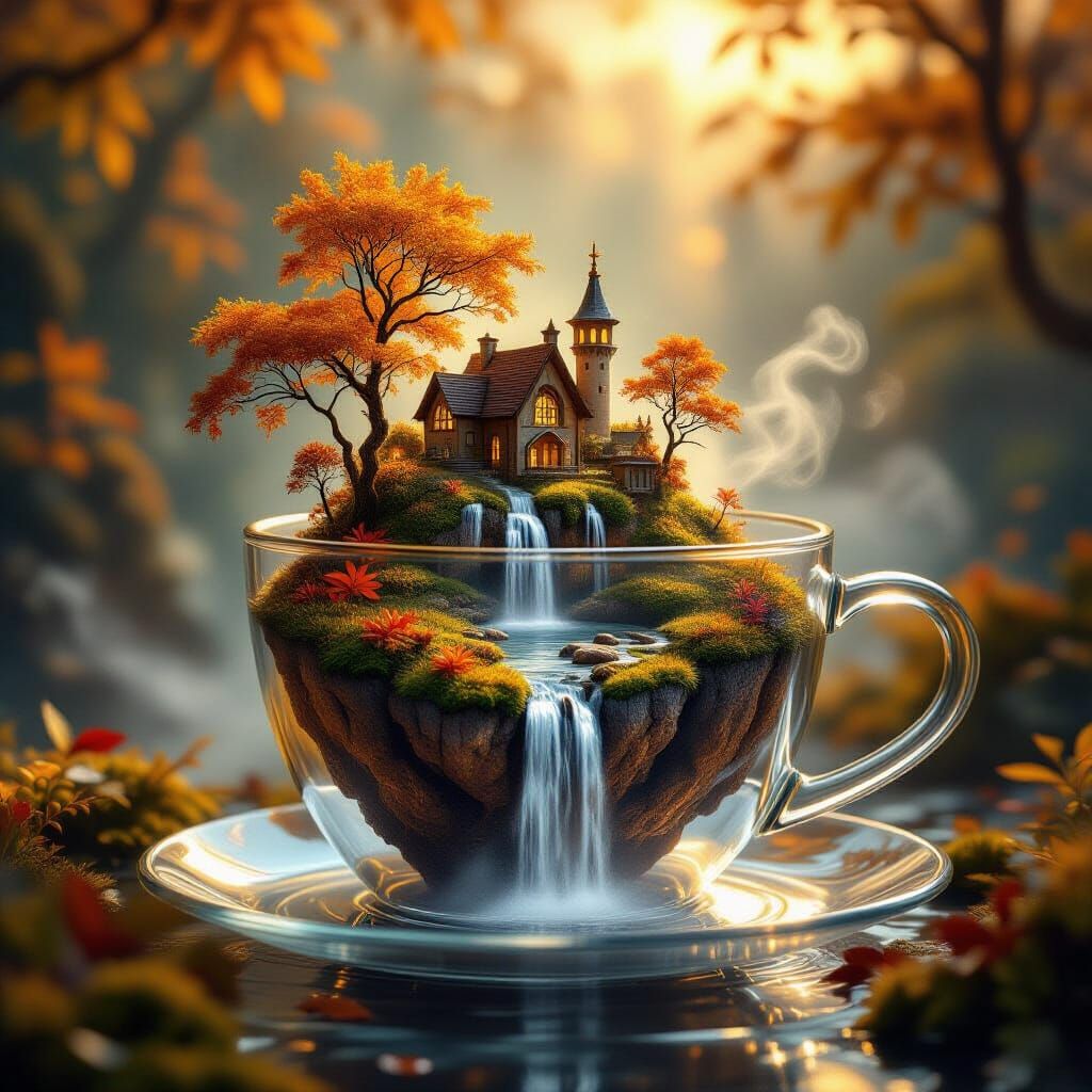 Inside a transparent glass cup, a tiny floating island with burrows and an autumn waterfall cascading down its side. Warm golden-orange foli...
