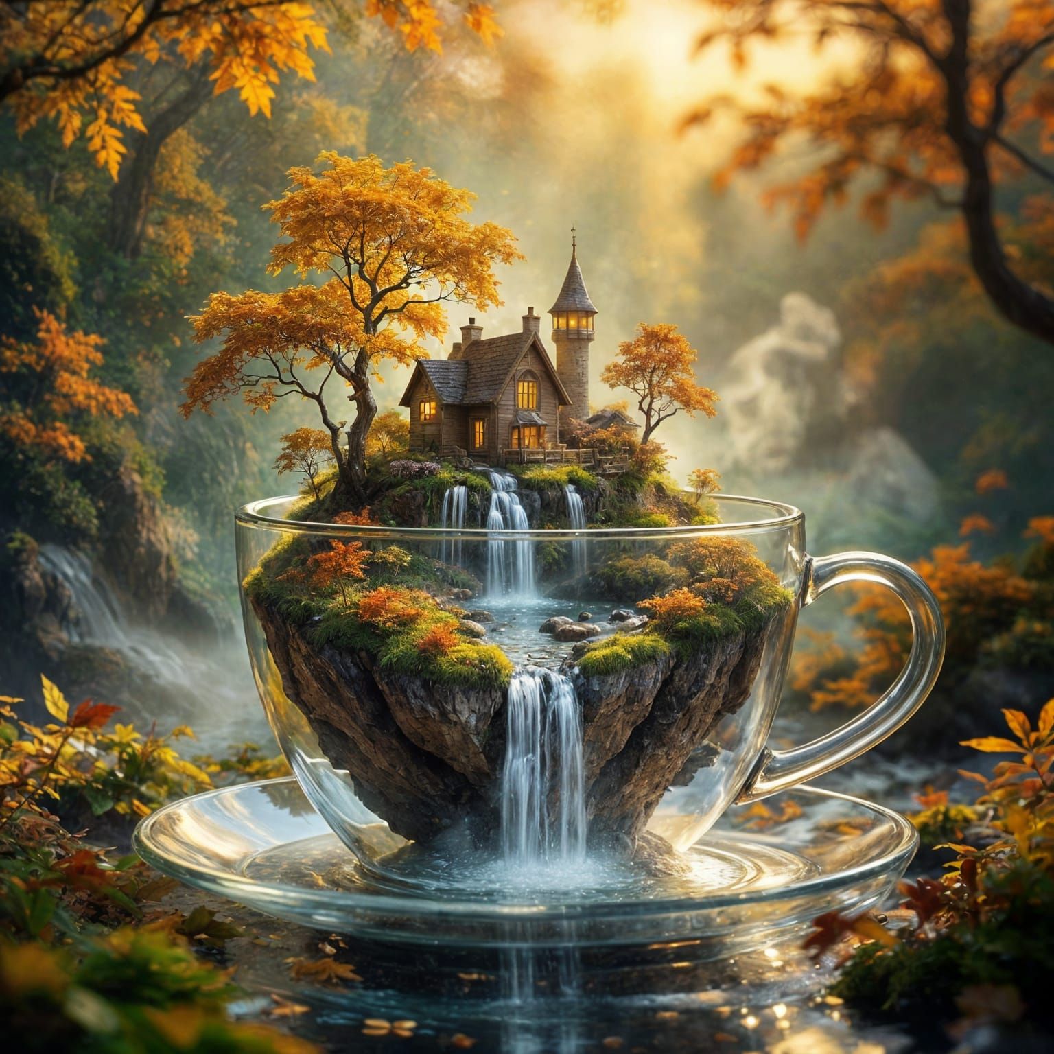 Inside a transparent glass cup, a tiny floating island with burrows and an autumn waterfall cascading ...  by @Likra