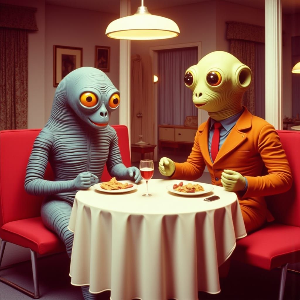 <lora:Pink Room Flux:1.0>
<lora:No Coffee 4 Androids:1.0>
Surreal scene from a candid 70s Technicolor sitcom.
Two aliens on a date in a fanc...