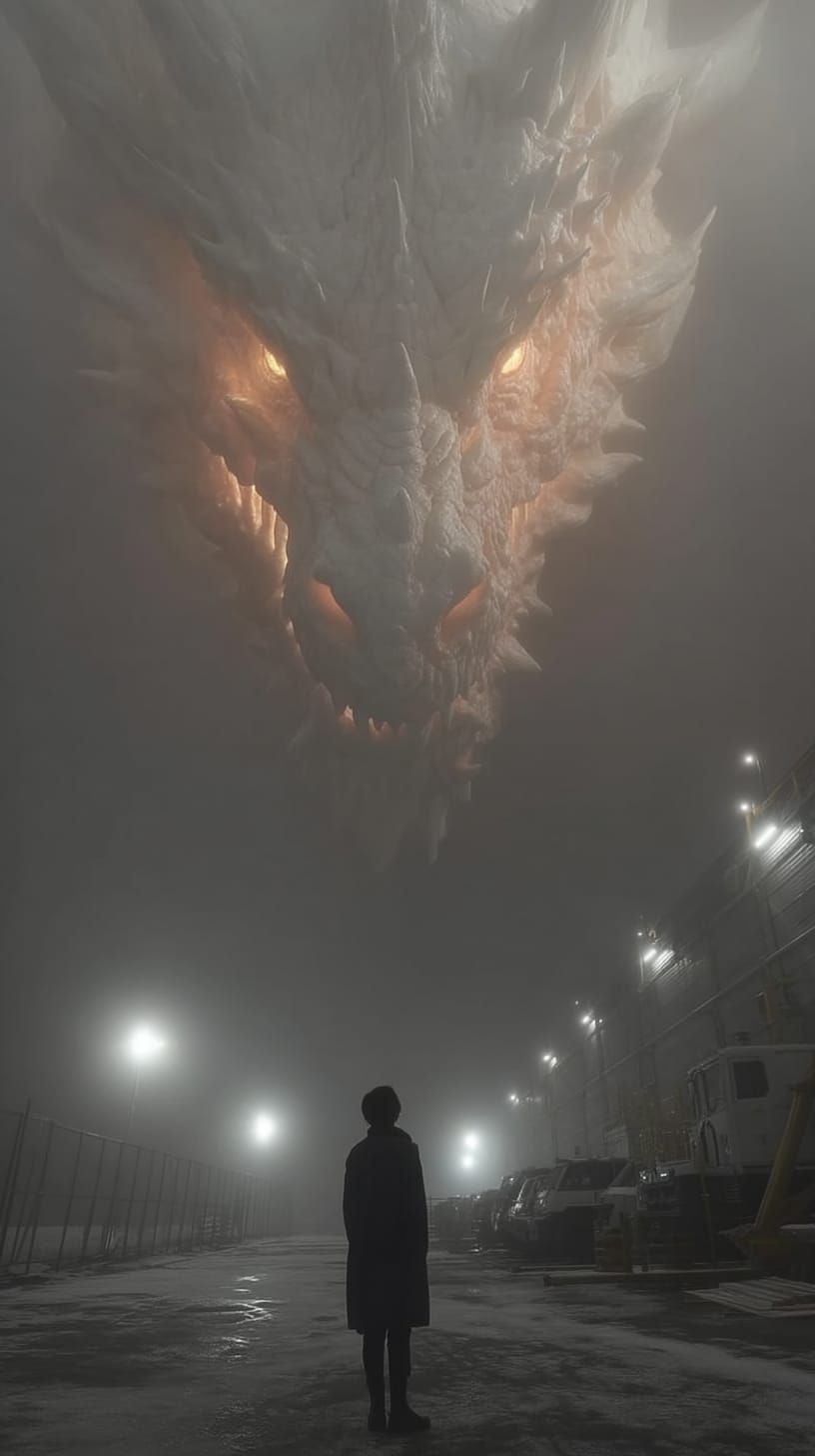 A massive Chinese dragon looms faintly in the dark clouds