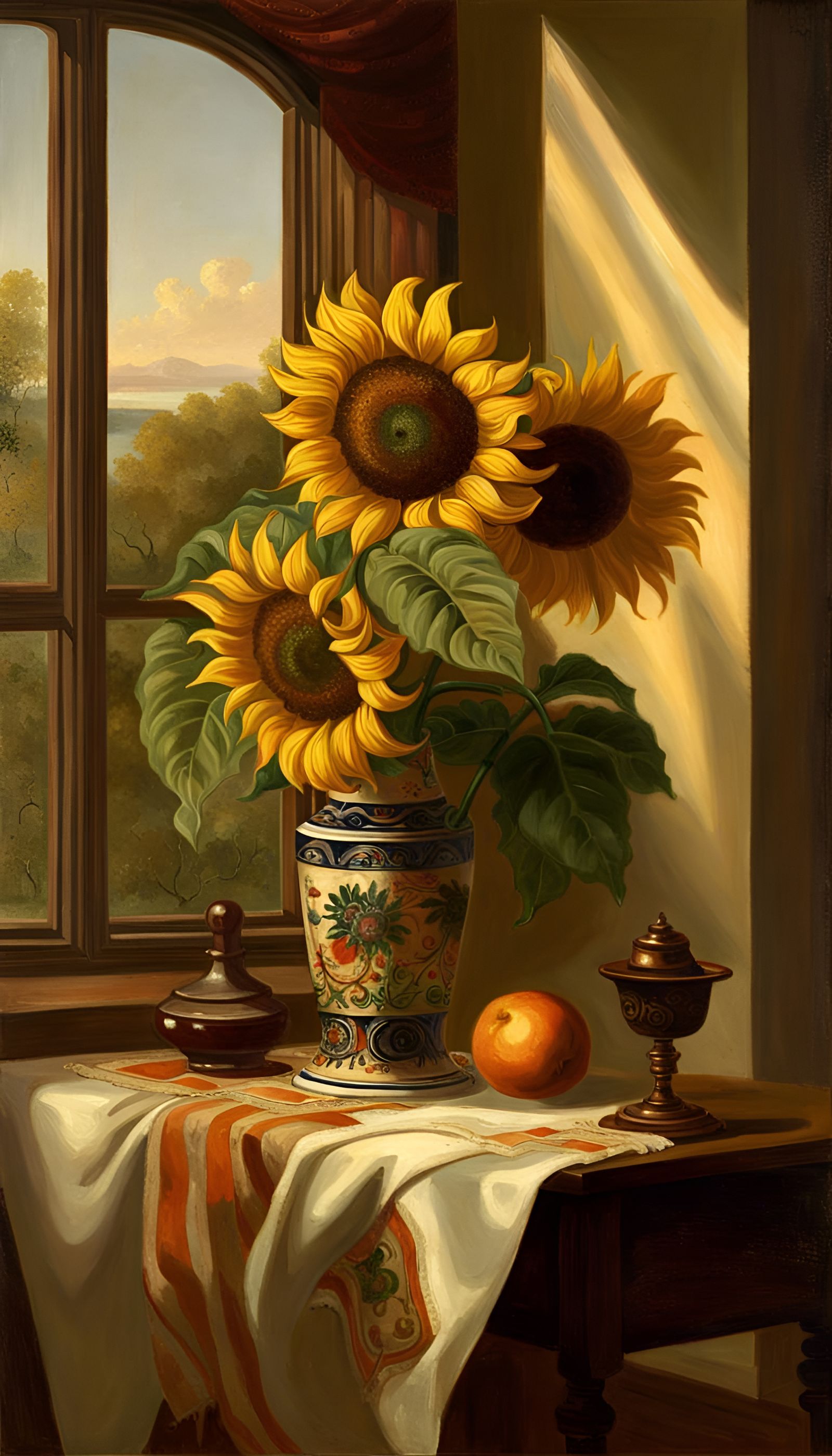 A sun flower in a decorated vase on a table by the window  by @Rui Barbosa