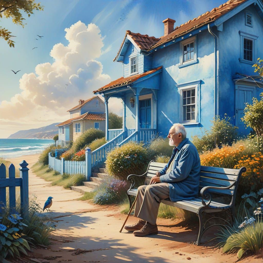 Watercolor of Old Man and Bird by the Sea