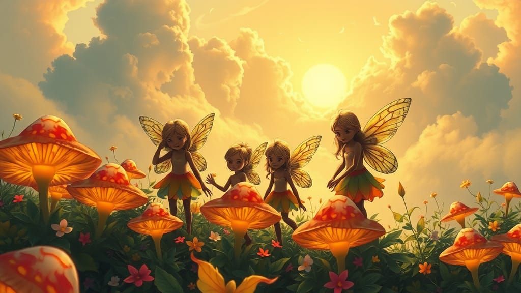 A family of happy fairies begin gardening during a beautiful...