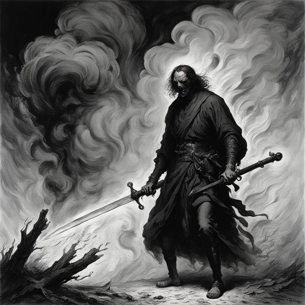Ink-Covered Swordsman Emerges from Smoke: Horror Illustratio...