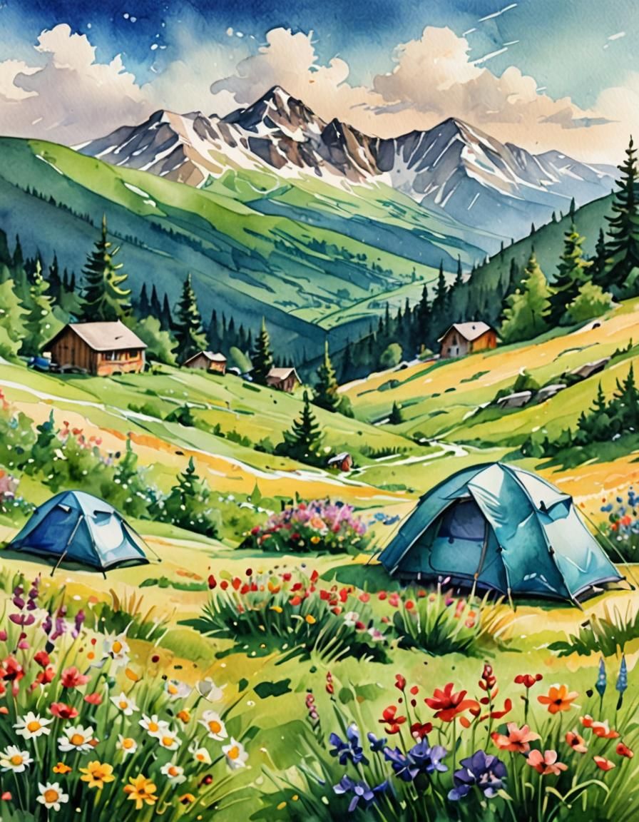 Mountains carpathians grass clearing flowers blooming high in the mountains tent campers sunny windy ...  by @undefined