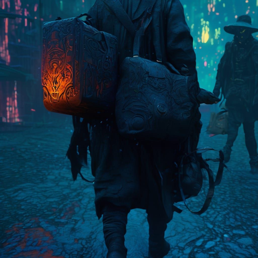  Marble heavy, black footsteps, a bag full of God. Abstract minimalism. Surreal in the style of Hieronymus Bosch, Charles Rennie Macintosh. 