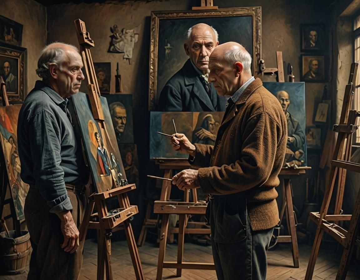 Ultra sharp, photorealistic Rembrandt painting of  Picasso
i...