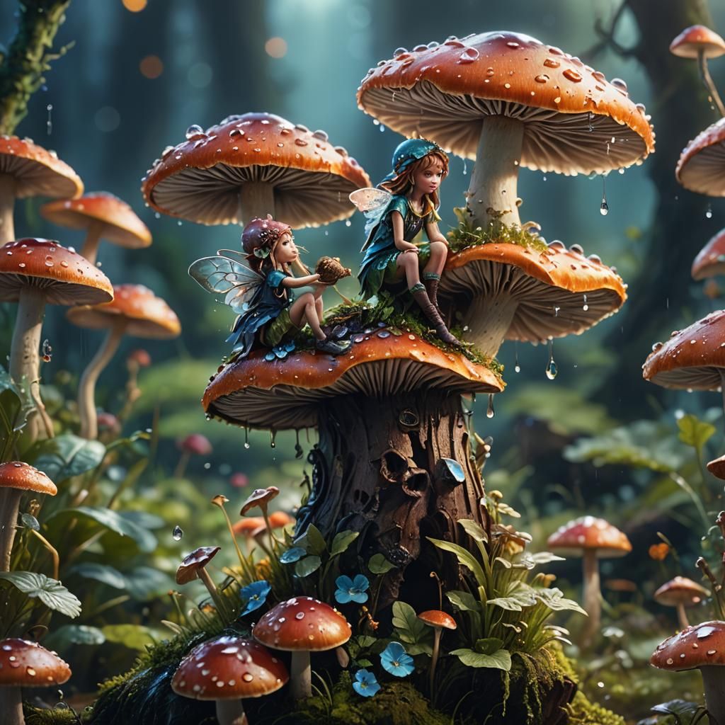 Macro photography of a tiny fairy sitting on a mushroom. Dew...