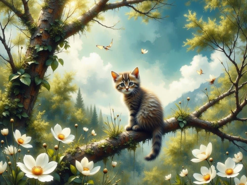 cute kitten Sitting high up in spring forest