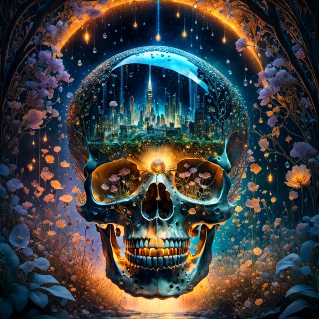 <lora:Xray:1.0> a glowing city inside a crystal moon skull with a glowing fireflies waterfall leading to the city inside, highly detailed di...