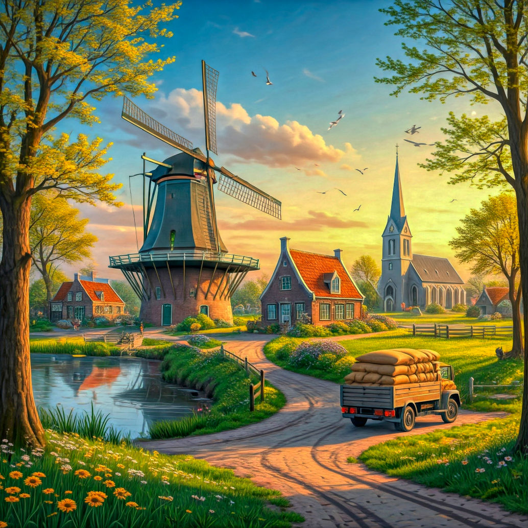 Dutch windmill at pond