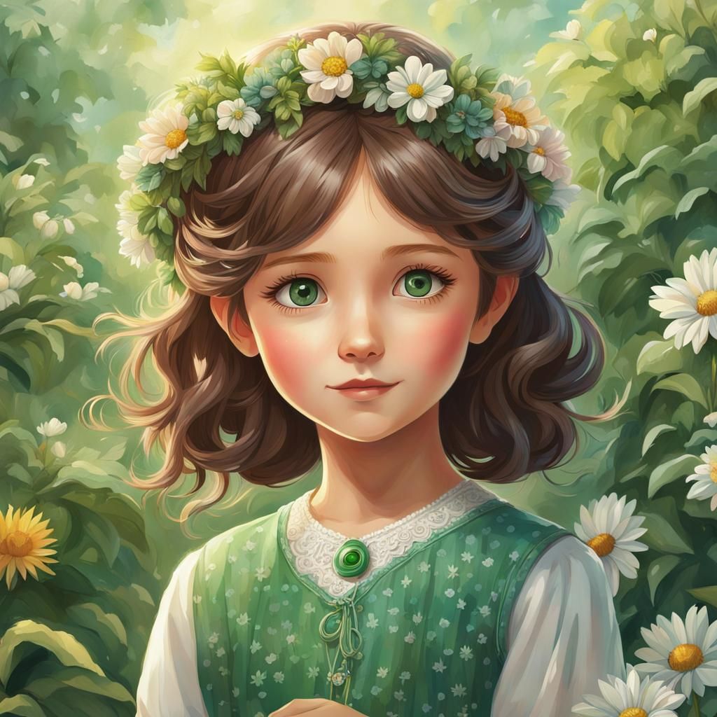 illustration of a young girl with green eyes and dresses, sh...