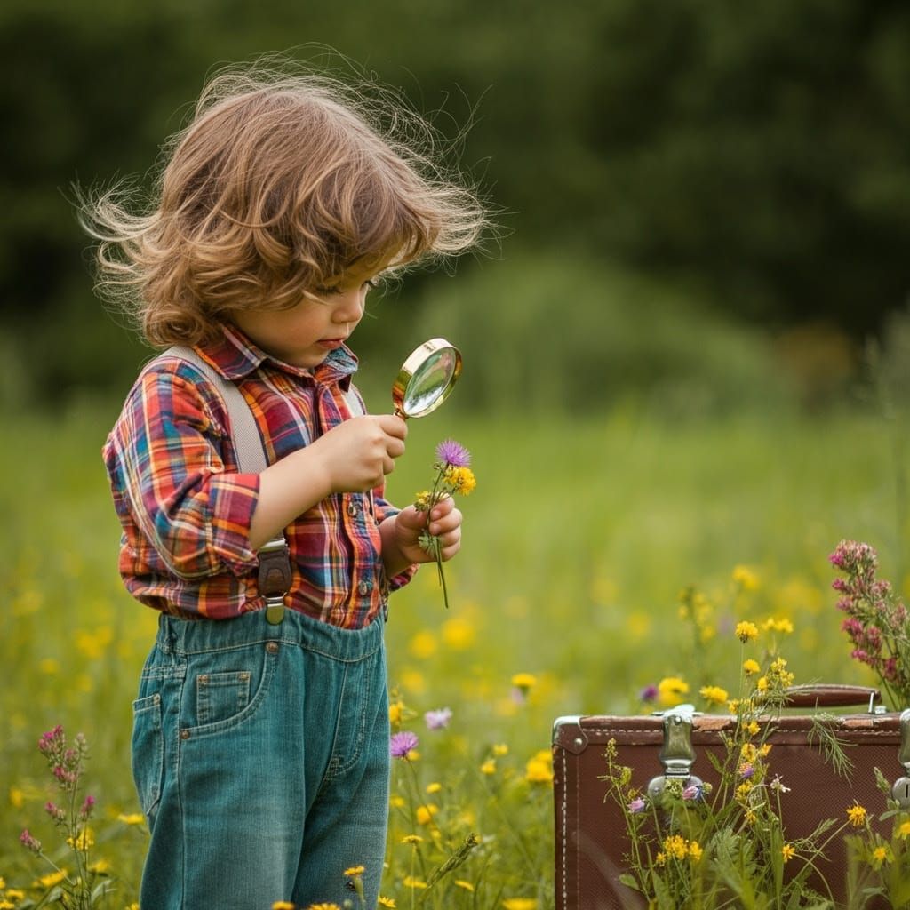 Curious Boy Exploring Meadow as Children's Book Illustration