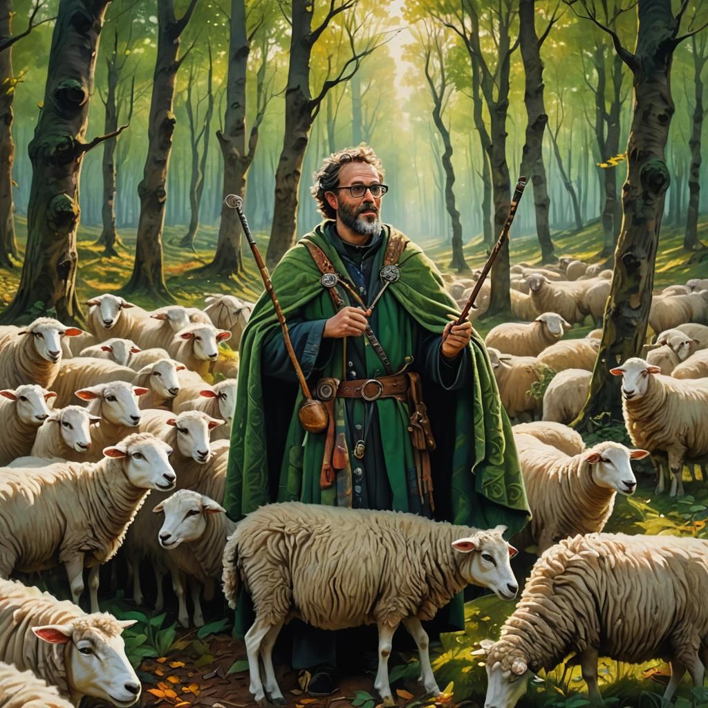 Shepherd with Flute in Forest, Fantasy Concept Art