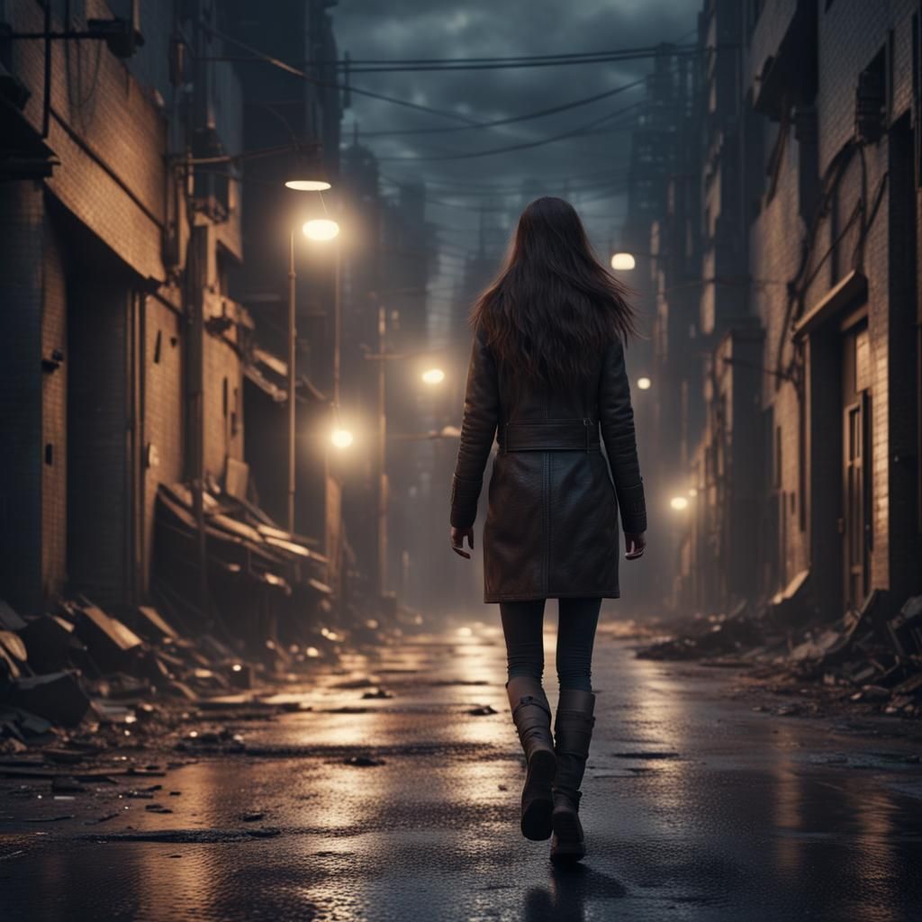 lonely woman with long brown hair, walking along a deserted ...