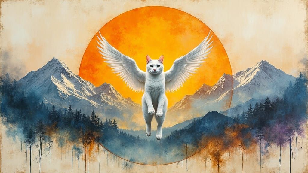 Winged Cat Soaring Through Golden Sunset Sky