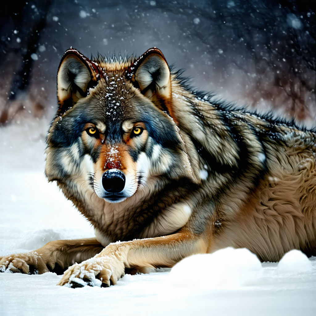 Wolf is laying in deep snow