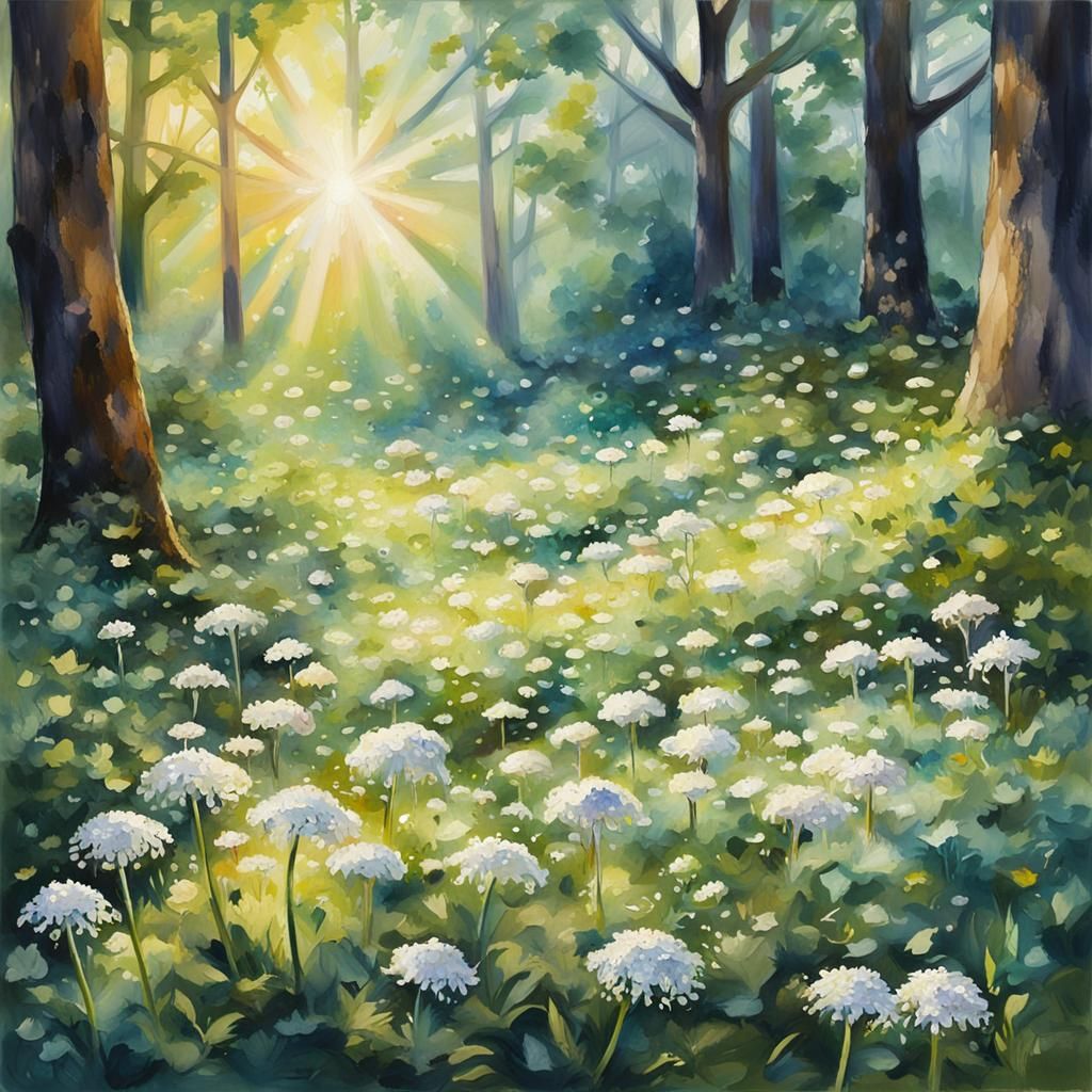 Queen Anne’s Lace flowers deep in a beautiful forest, winged...