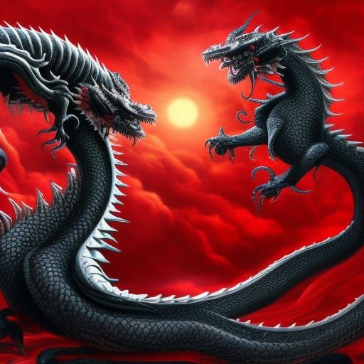 ying und yang, Buraki, White and black dragons, black and re...