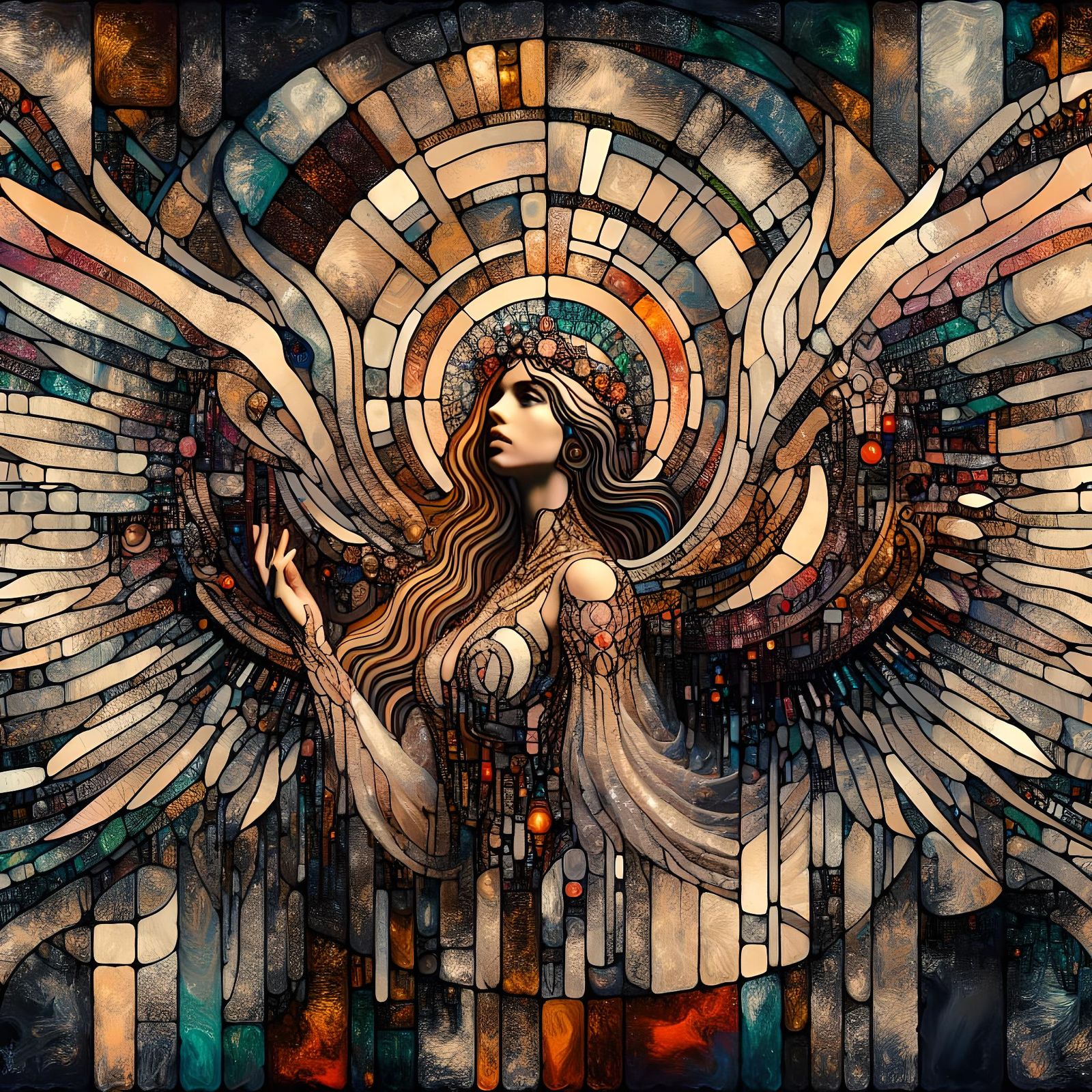 Girl Transformed into Stained Glass Art Nouveau