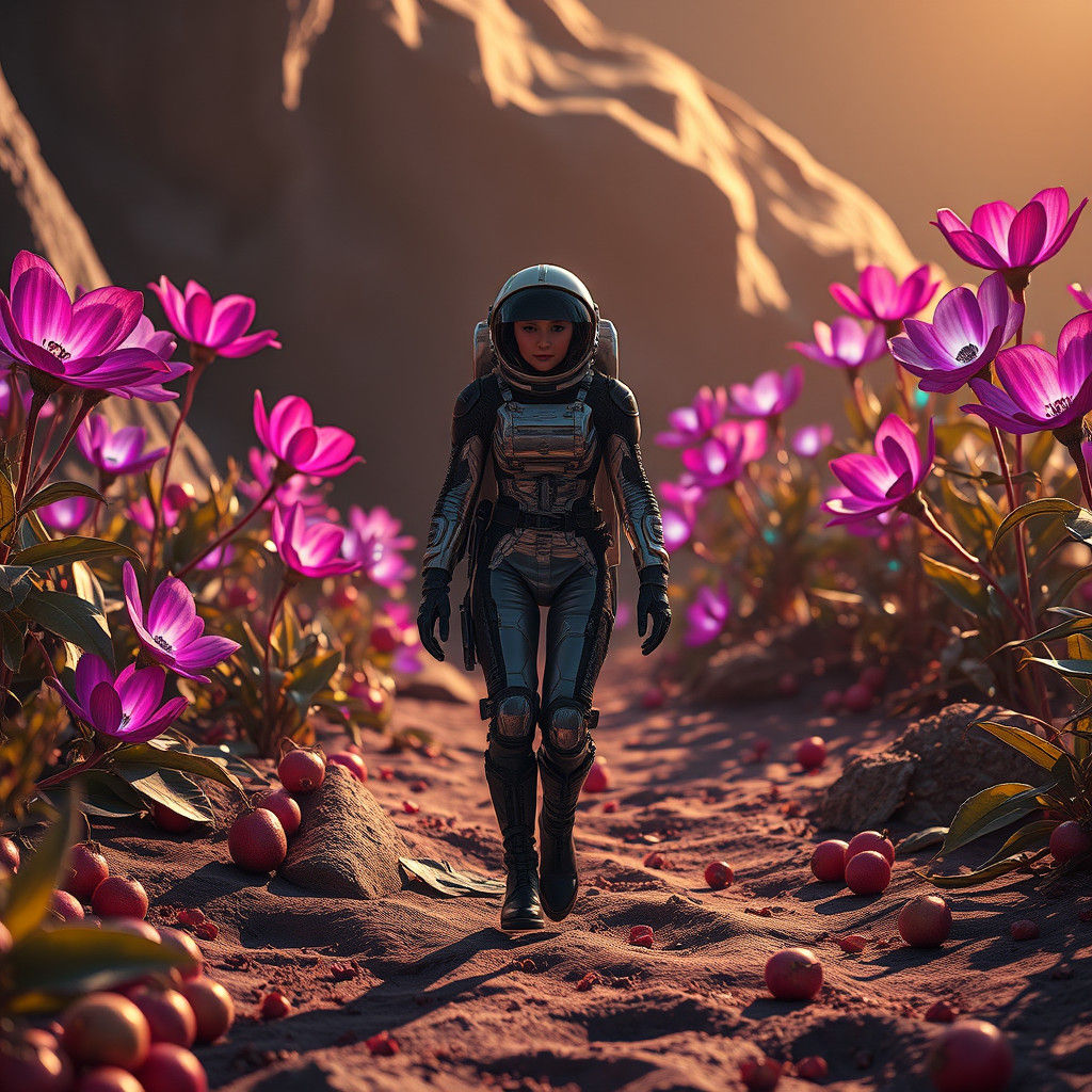 Astronaut in Alien Garden: Hyperrealistic Sci-Fi Scene
