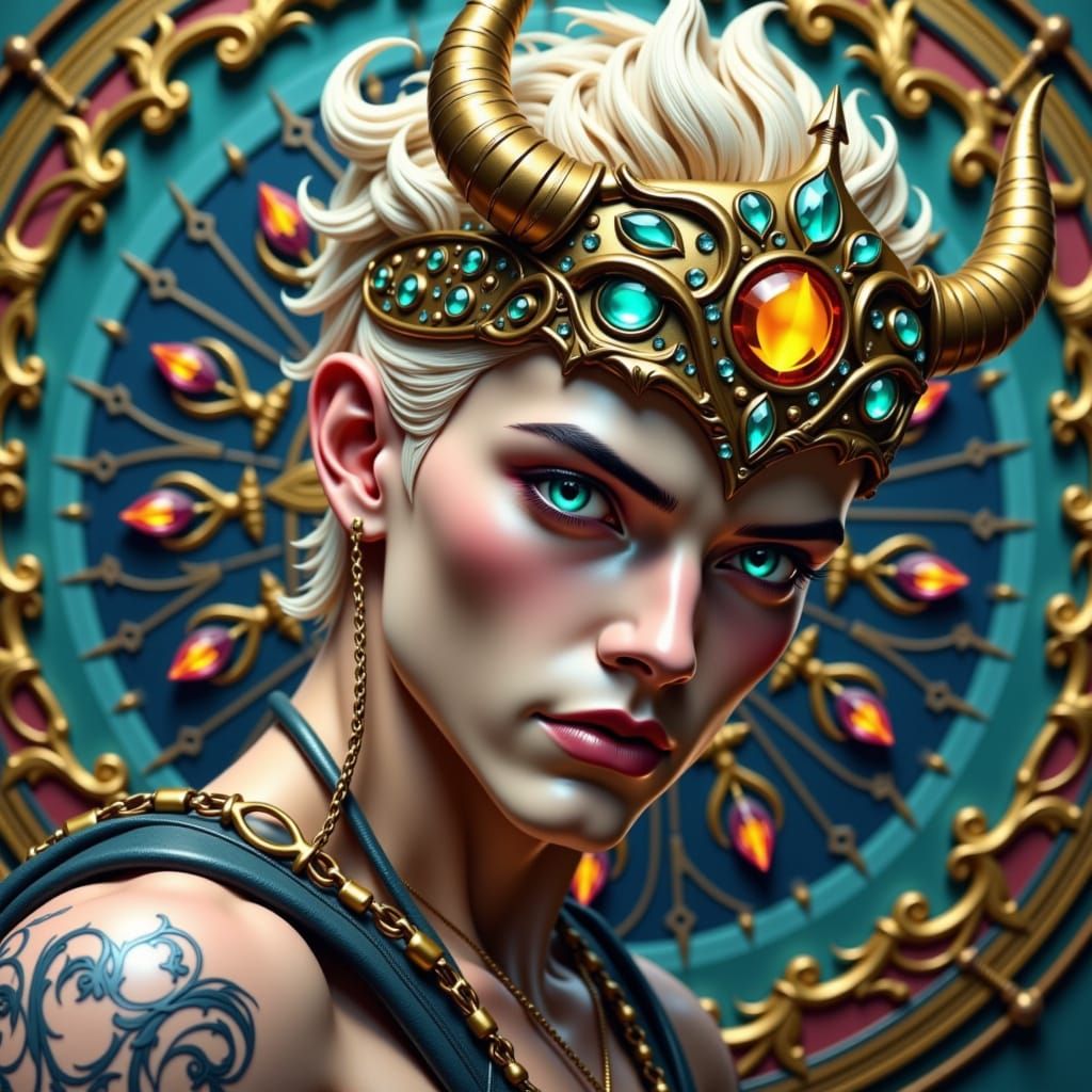 Concept art. Mid shot. Androgynous handsome man with blond feathered back hair, piercing blue-green eyes, and a magnificent treasury loot sk...