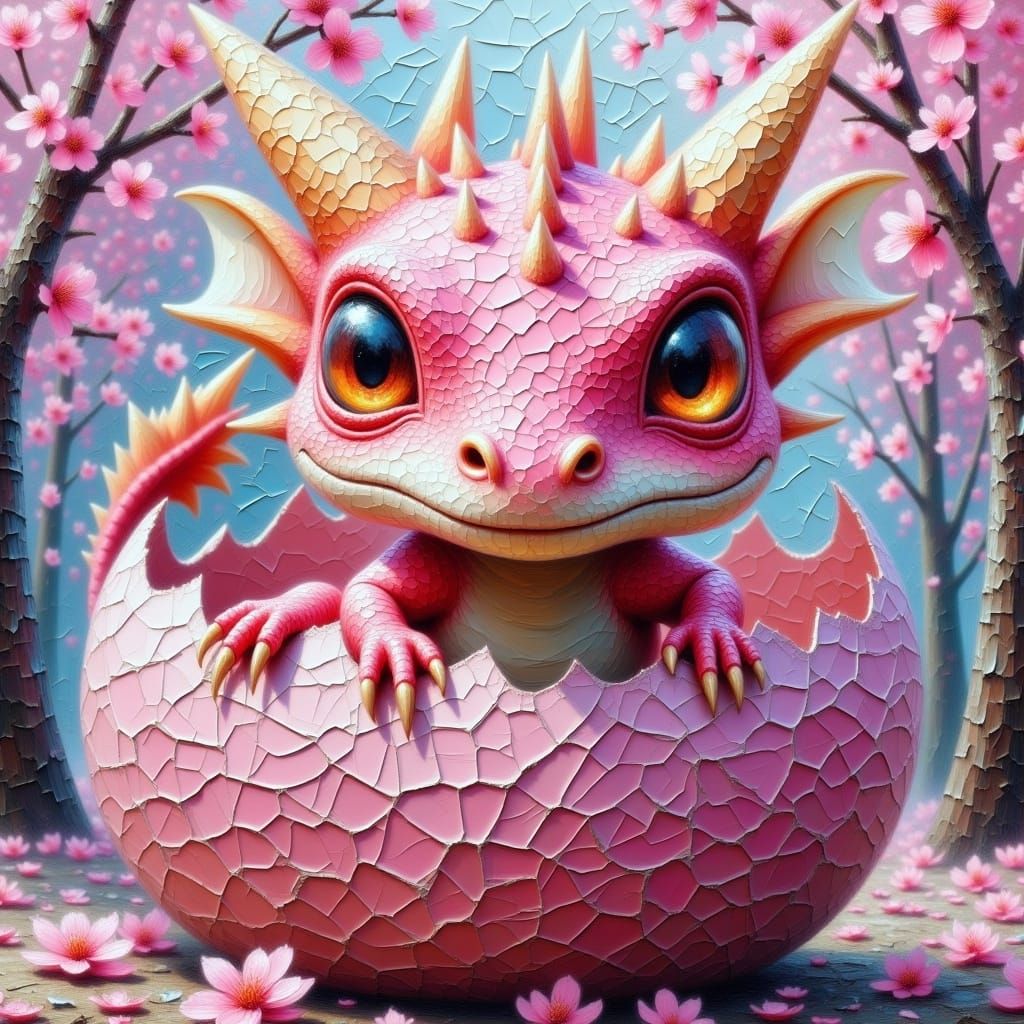 Expressionist impasto close-up painting from a low angle of a a small adorable pink baby dragon, scales reminiscent of cherry blossom hatchi...