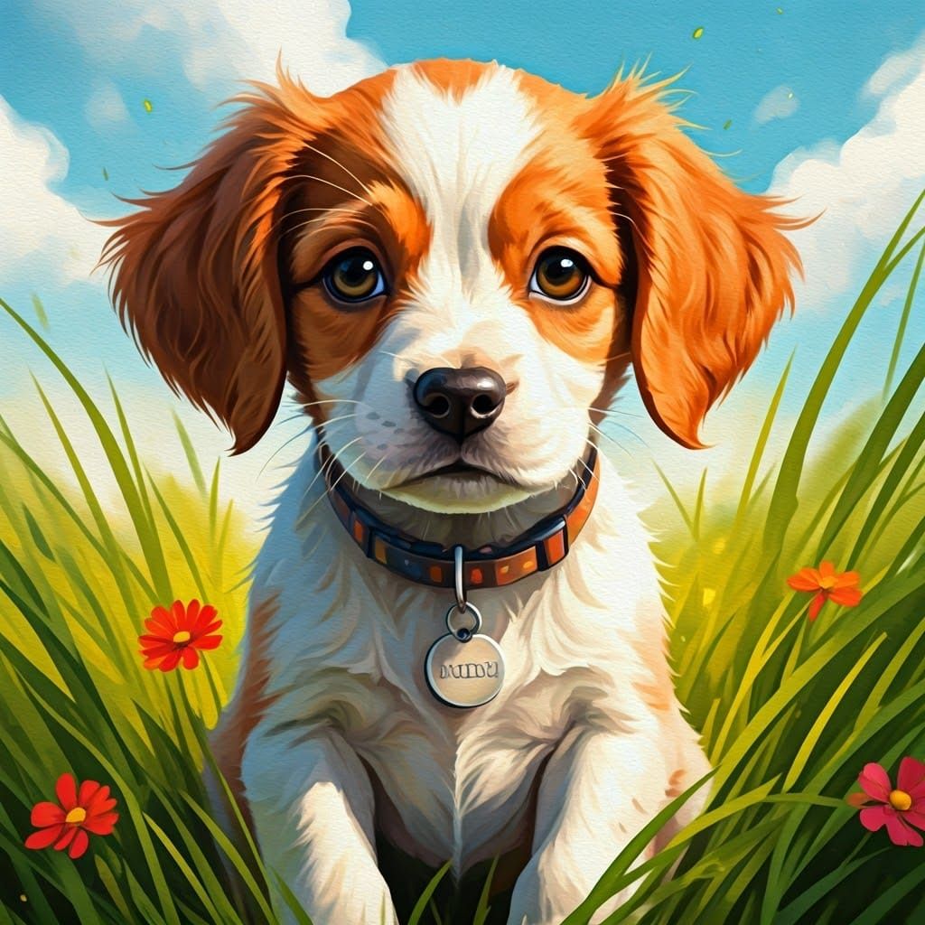 Playful Puppy in a Lush Watercolor Meadow